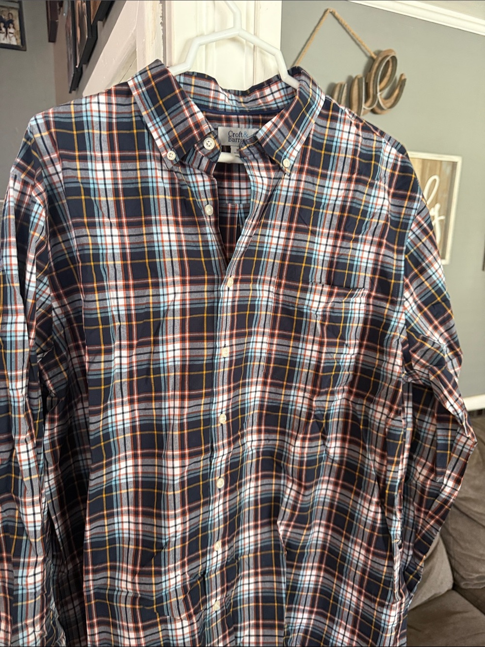 croft & barrow Navy Plaid Shirt with Orange and White Stripes